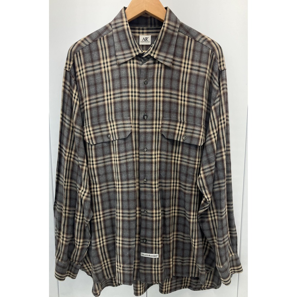 Atlantic Rancher Shirt Mens Large Brown Plaid‎ Rayon Button Front Made Portugal
